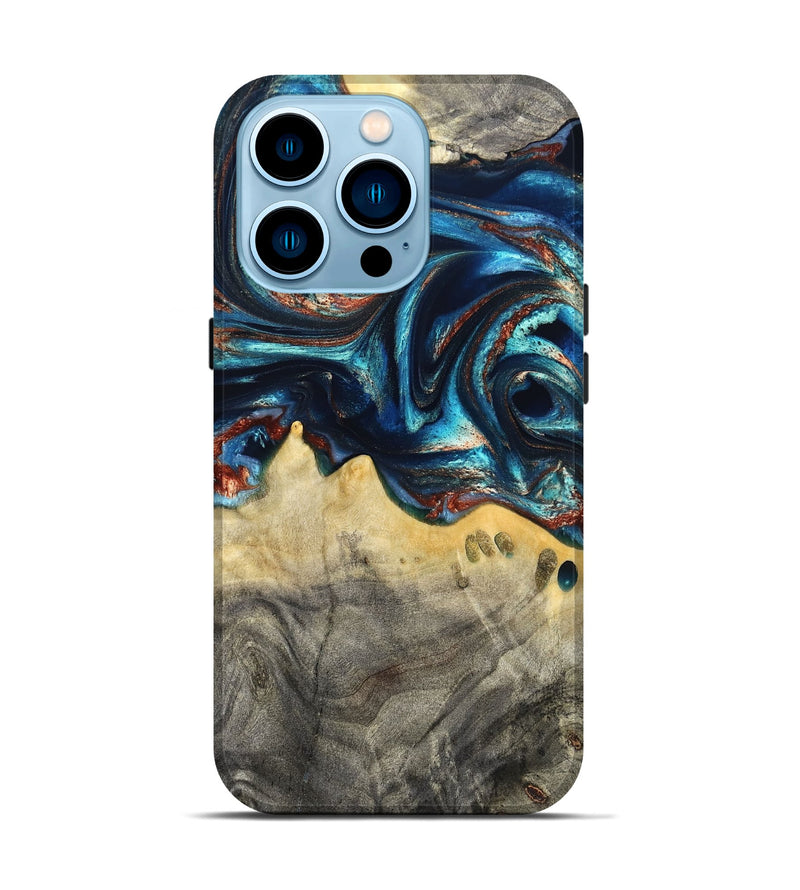 iPhone 14 Pro Wood Live Edge Phone Case - Tasia (Teal & Gold, 831853)