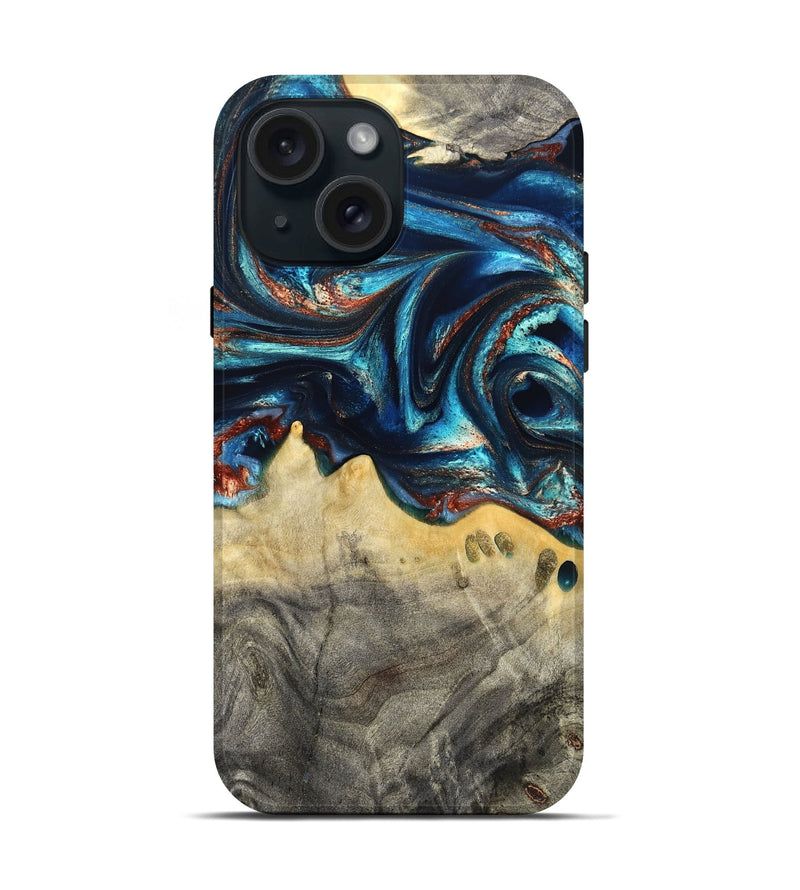 iPhone 15 Wood Live Edge Phone Case - Tasia (Teal & Gold, 831853)