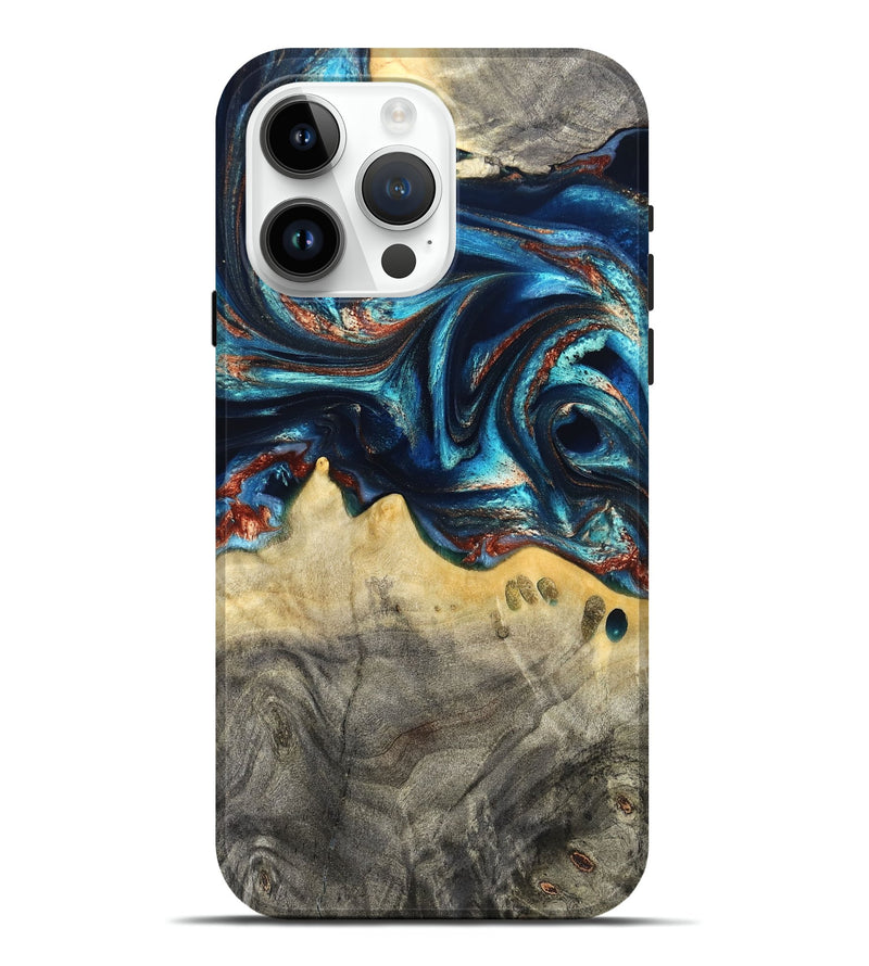 iPhone 15 Pro Max Wood Live Edge Phone Case - Tasia (Teal & Gold, 831853)