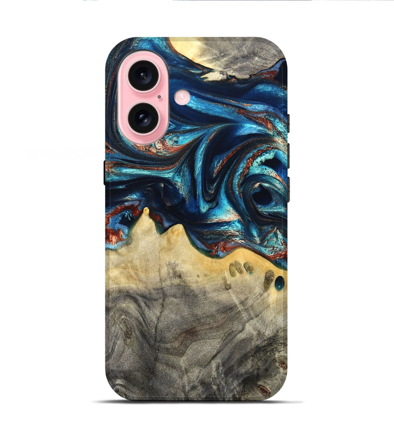 iPhone 16 Wood Live Edge Phone Case - Tasia (Teal & Gold, 831853)