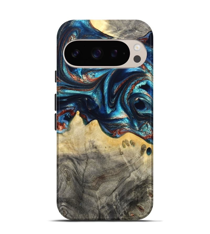 Pixel 9 Pro Wood Live Edge Phone Case - Tasia (Teal & Gold, 831853)