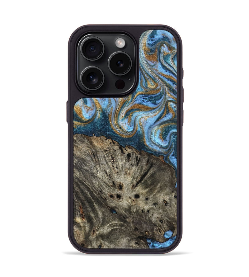 iPhone 15 Pro Wood Phone Case - Camron (Teal & Gold, 831939)