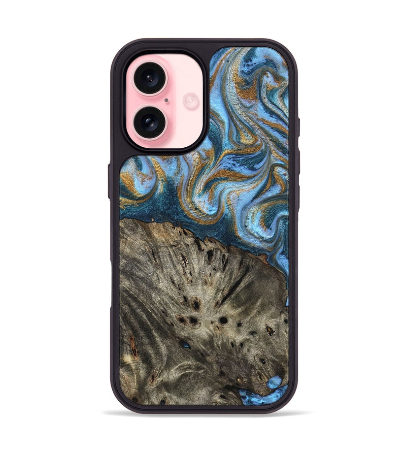 iPhone 16 Wood Phone Case - Camron (Teal & Gold, 831939)
