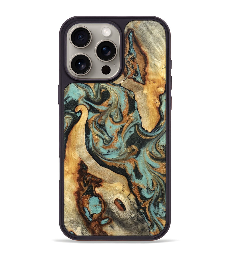 iPhone 16 Pro Max Wood Phone Case - Marylyn (Teal & Gold, 831942)