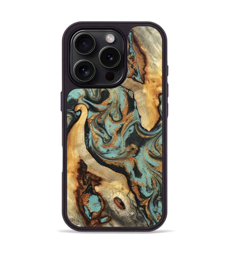 iPhone 16 Pro Wood Phone Case - Marylyn (Teal & Gold, 831942)