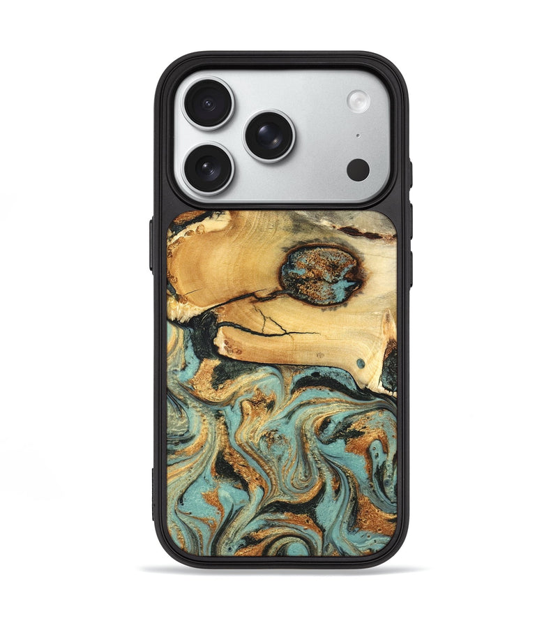iPhone 18 Pro Wood Phone Case - Thurman (Teal & Gold, 831985)