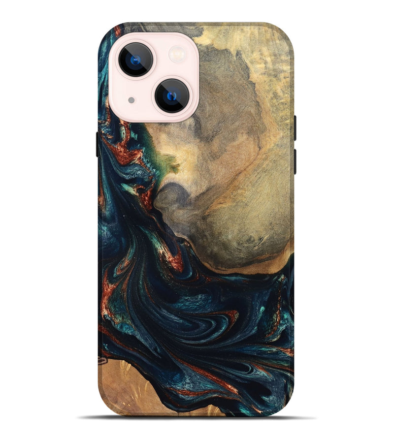 iPhone 14 Plus Wood Live Edge Phone Case - Janiya (Teal & Gold, 832036)