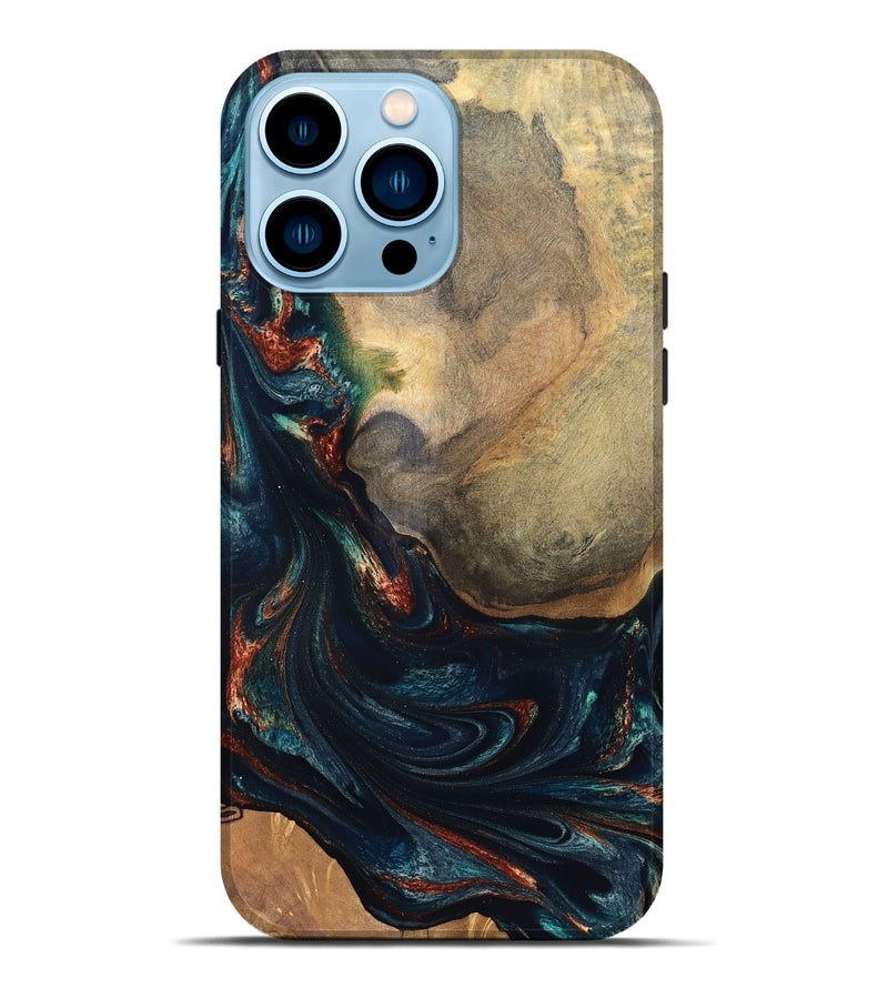 iPhone 14 Pro Max Wood Live Edge Phone Case - Janiya (Teal & Gold, 832036)