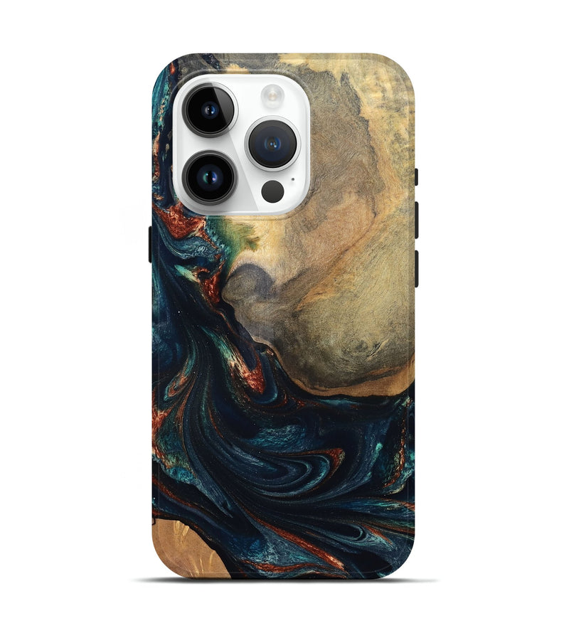 iPhone 15 Pro Wood Live Edge Phone Case - Janiya (Teal & Gold, 832036)