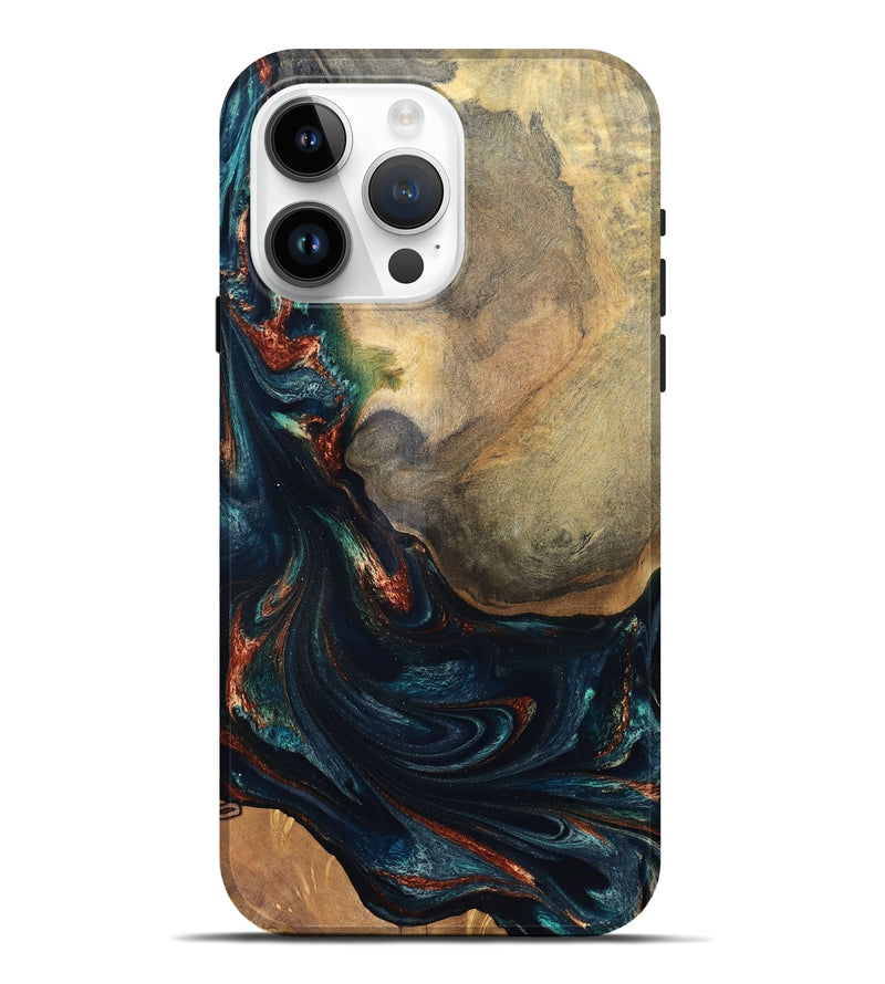 iPhone 15 Pro Max Wood Live Edge Phone Case - Janiya (Teal & Gold, 832036)