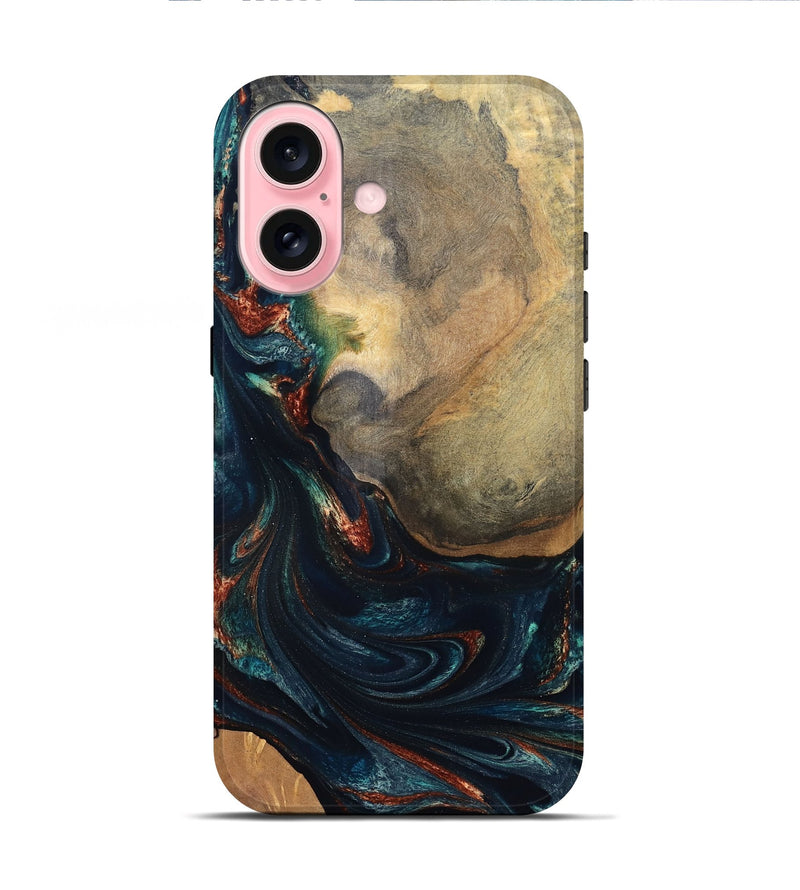 iPhone 16 Wood Live Edge Phone Case - Janiya (Teal & Gold, 832036)