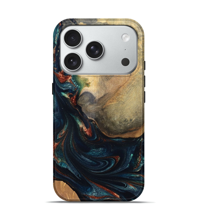 iPhone 18 Pro Wood Live Edge Phone Case - Janiya (Teal & Gold, 832036)