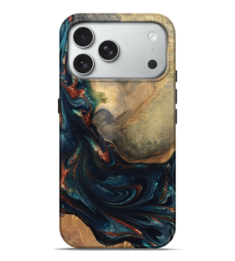 iPhone 18 Pro Max Wood Live Edge Phone Case - Janiya (Teal & Gold, 832036)