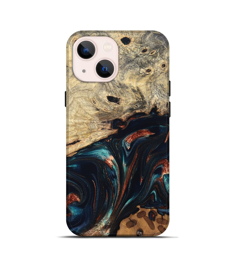 iPhone 13 mini Wood Live Edge Phone Case - Shaniya (Teal & Gold, 832039)