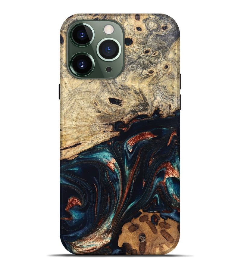 iPhone 13 Pro Max Wood Live Edge Phone Case - Shaniya (Teal & Gold, 832039)