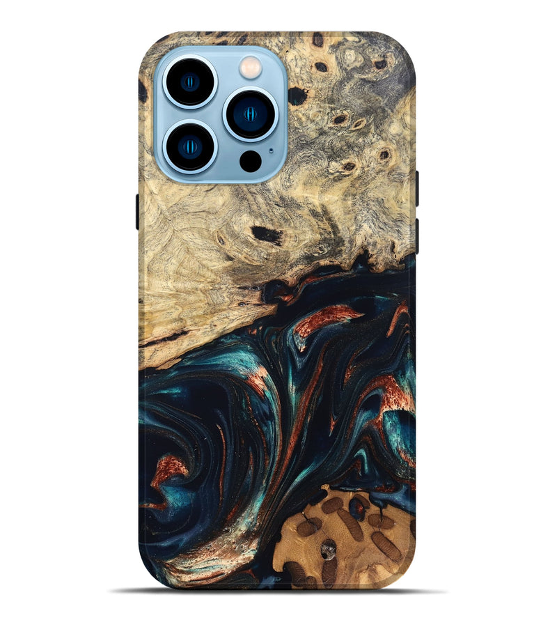 iPhone 14 Pro Max Wood Live Edge Phone Case - Shaniya (Teal & Gold, 832039)