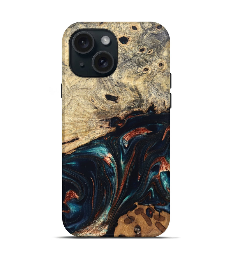 iPhone 15 Wood Live Edge Phone Case - Shaniya (Teal & Gold, 832039)