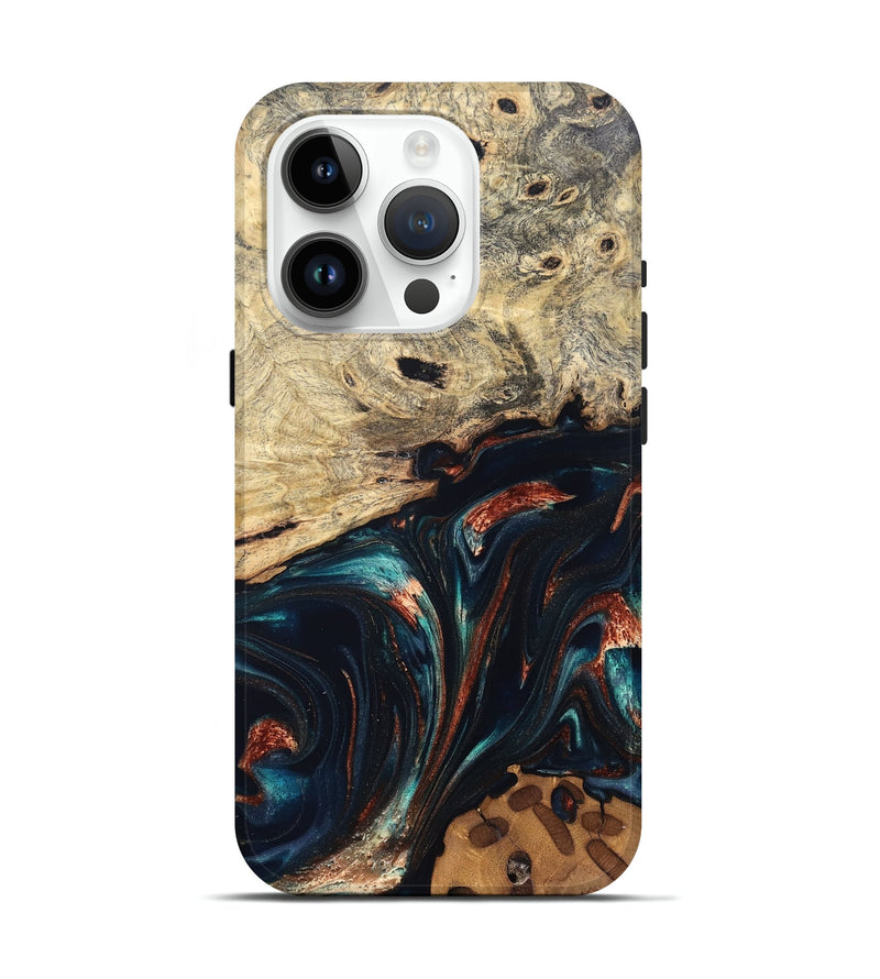 iPhone 15 Pro Wood Live Edge Phone Case - Shaniya (Teal & Gold, 832039)