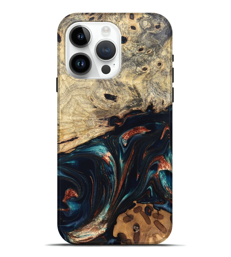 iPhone 15 Pro Max Wood Live Edge Phone Case - Shaniya (Teal & Gold, 832039)