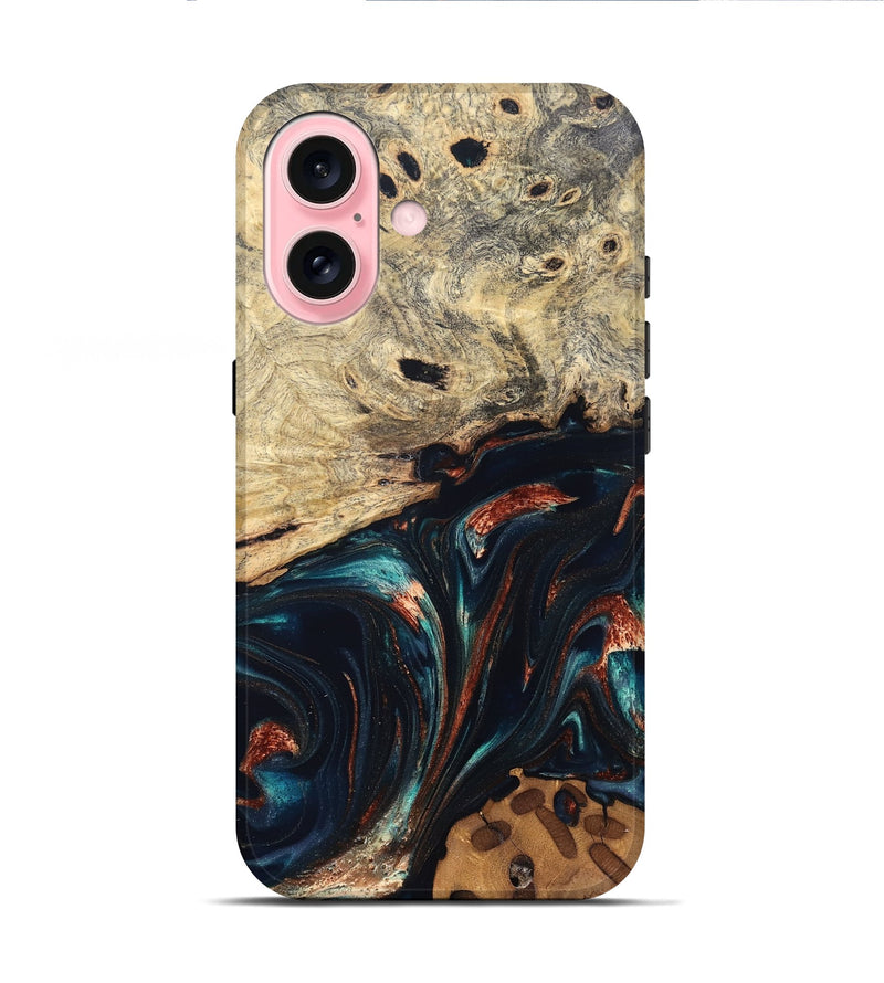 iPhone 16 Wood Live Edge Phone Case - Shaniya (Teal & Gold, 832039)