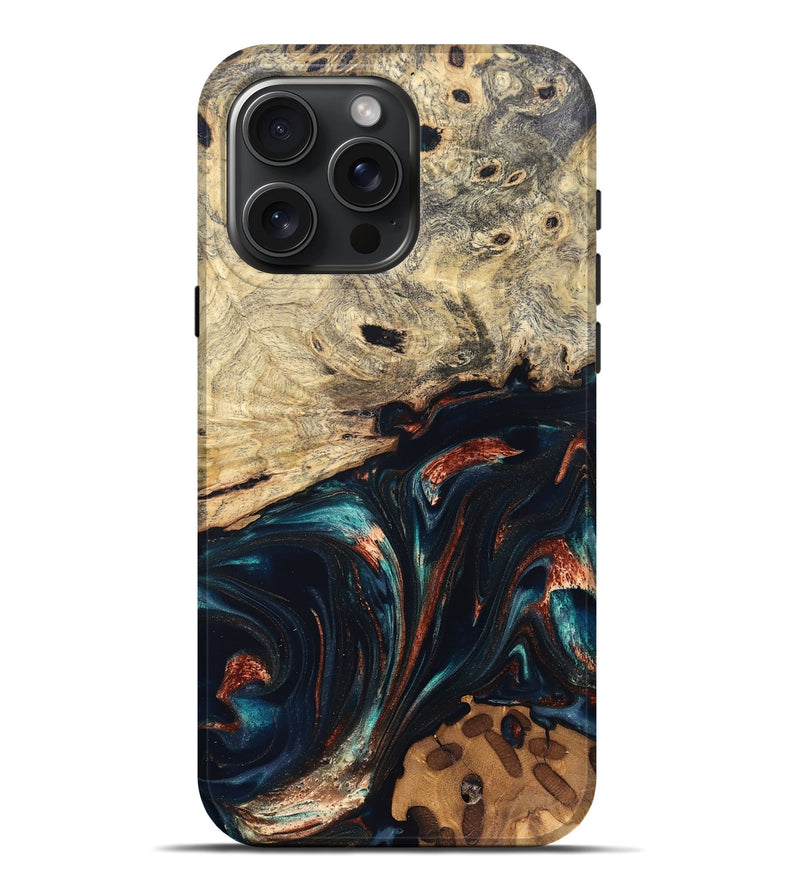 iPhone 16 Pro Max Wood Live Edge Phone Case - Shaniya (Teal & Gold, 832039)
