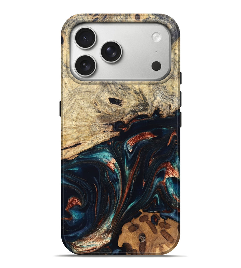 iPhone 17 Pro Max Wood Live Edge Phone Case - Shaniya (Teal & Gold, 832039)