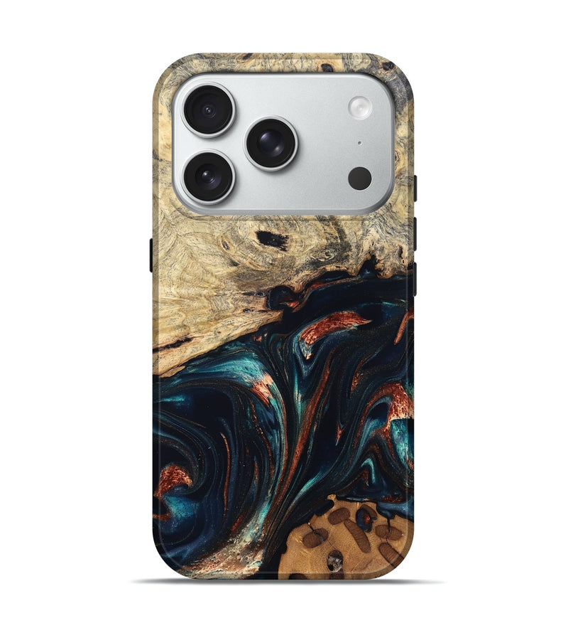 iPhone 18 Pro Wood Live Edge Phone Case - Shaniya (Teal & Gold, 832039)