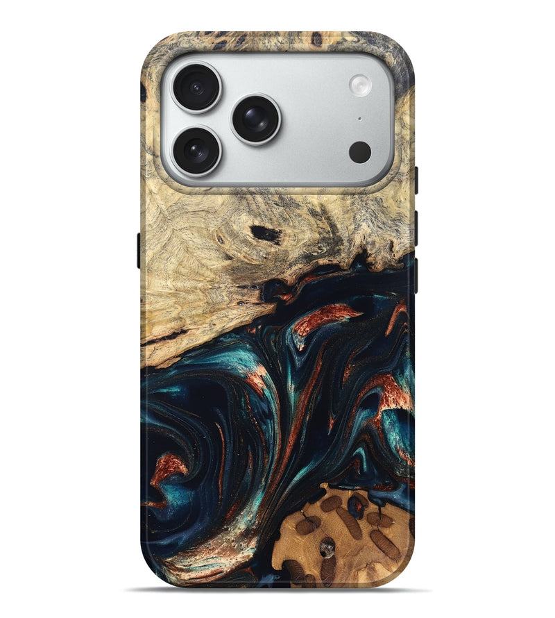 iPhone 18 Pro Max Wood Live Edge Phone Case - Shaniya (Teal & Gold, 832039)