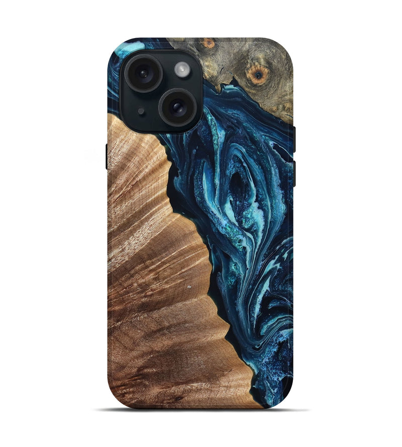 iPhone 15 Wood Live Edge Phone Case - Aiden (Blue, 832041)