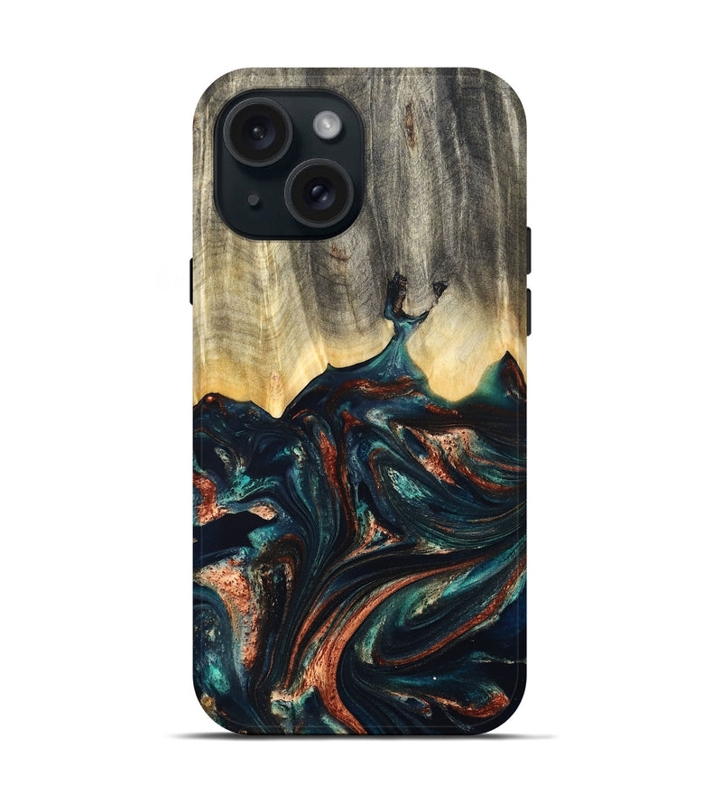 iPhone 15 Wood Live Edge Phone Case - Estella (Teal & Gold, 832050)