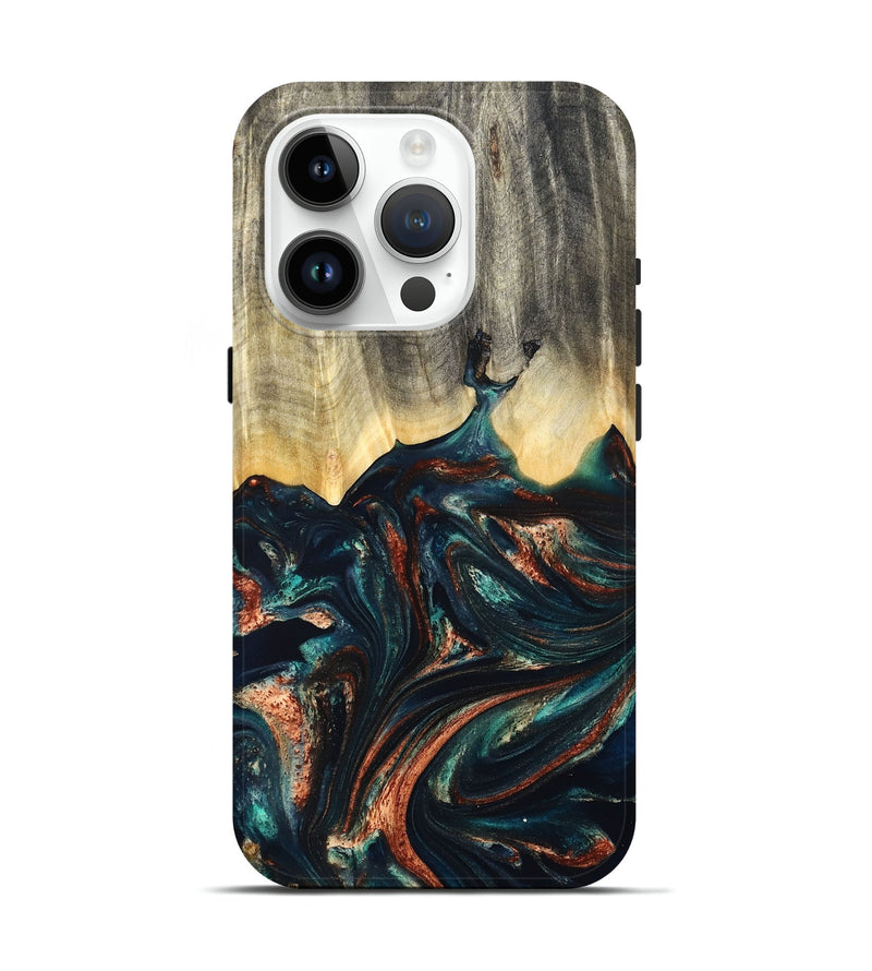 iPhone 15 Pro Wood Live Edge Phone Case - Estella (Teal & Gold, 832050)