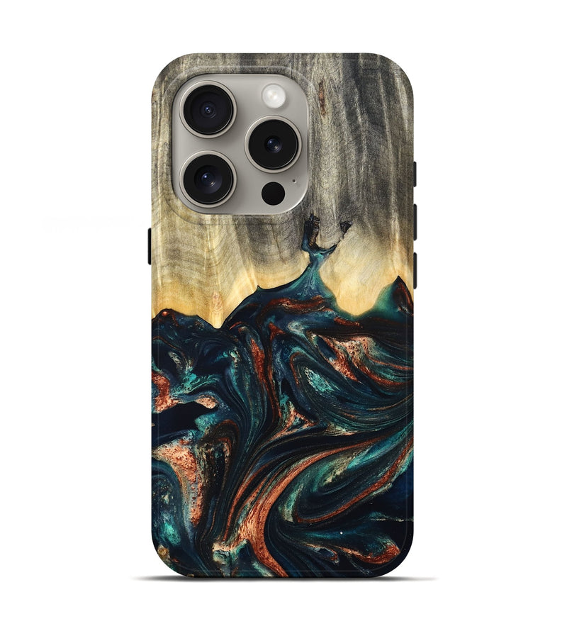 iPhone 16 Pro Wood Live Edge Phone Case - Estella (Teal & Gold, 832050)