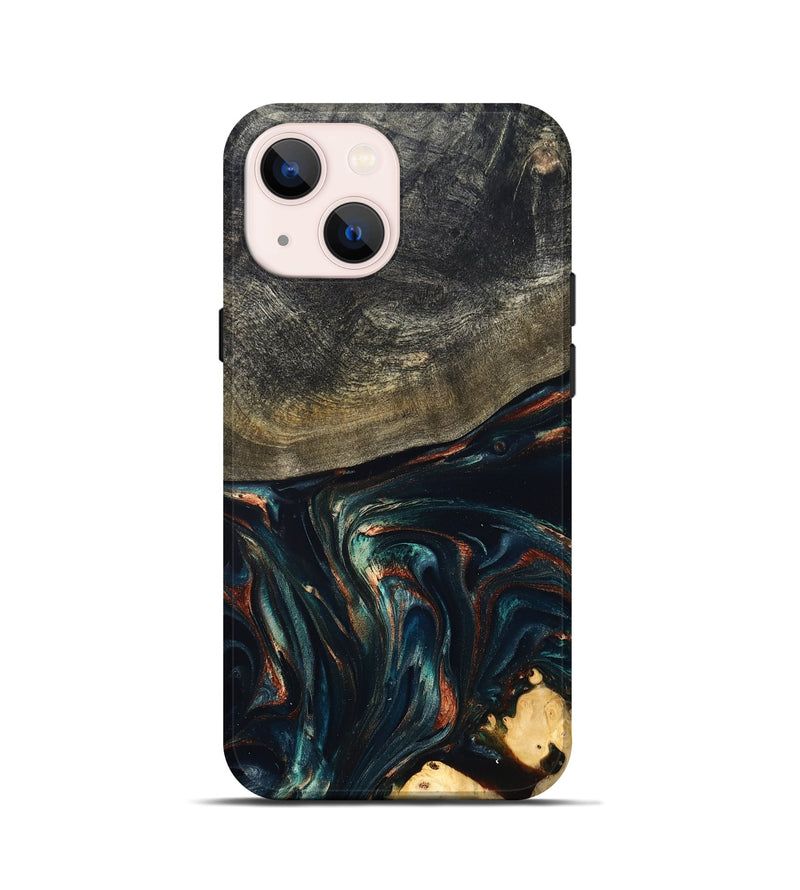 iPhone 13 mini Wood Live Edge Phone Case - Kylian (Teal & Gold, 832055)