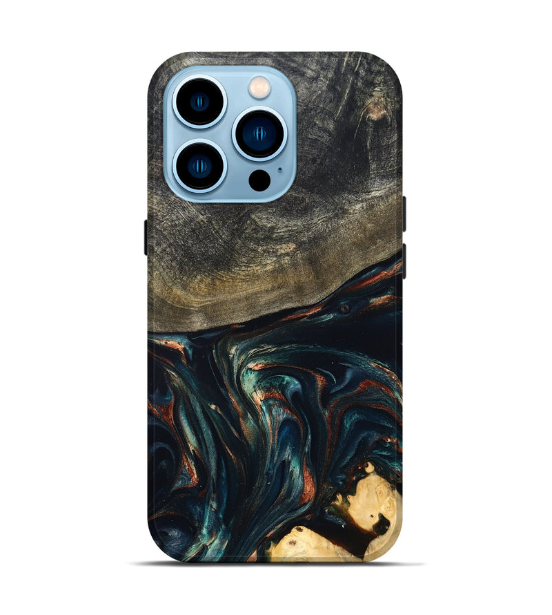 iPhone 14 Pro Wood Live Edge Phone Case - Kylian (Teal & Gold, 832055)