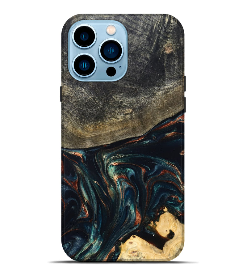 iPhone 14 Pro Max Wood Live Edge Phone Case - Kylian (Teal & Gold, 832055)