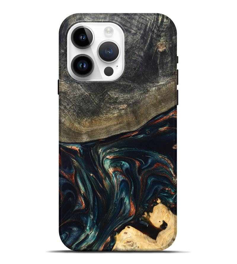 iPhone 15 Pro Max Wood Live Edge Phone Case - Kylian (Teal & Gold, 832055)