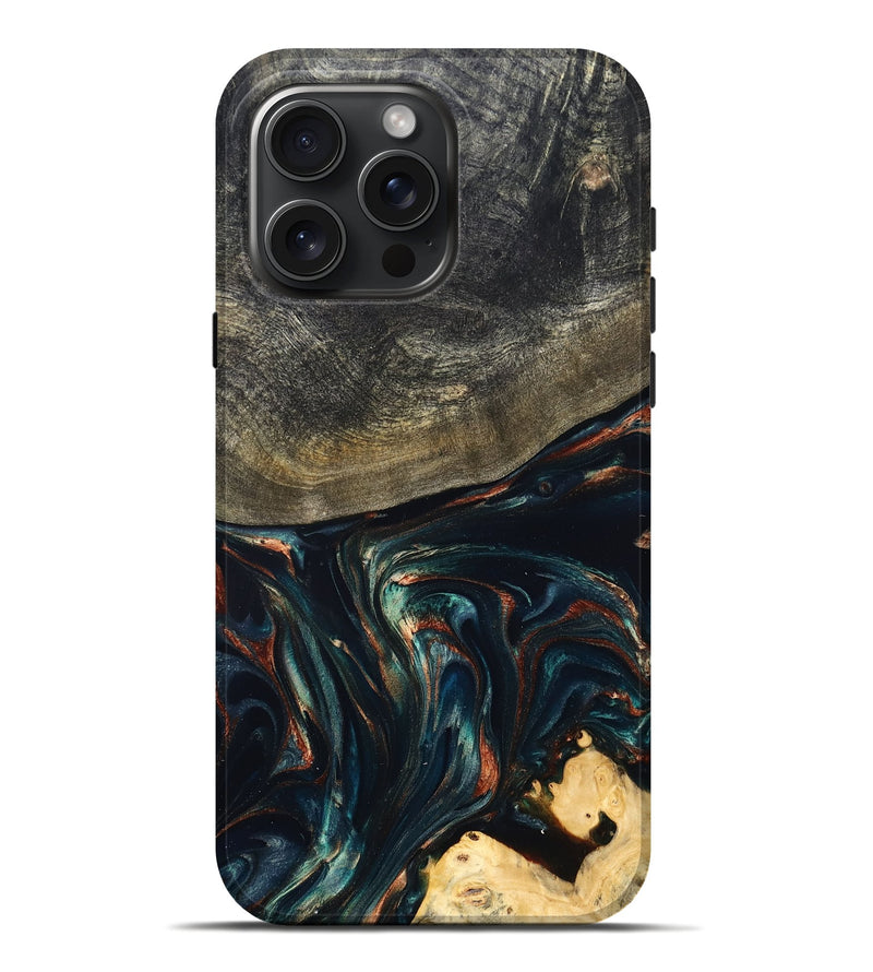 iPhone 16 Pro Max Wood Live Edge Phone Case - Kylian (Teal & Gold, 832055)