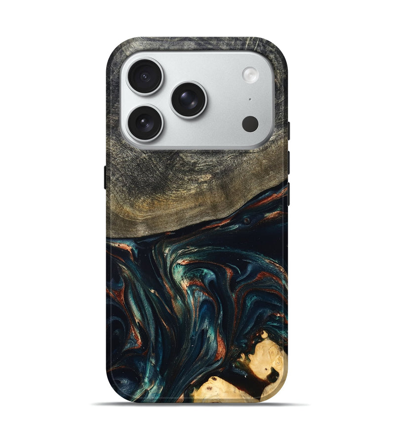 iPhone 18 Pro Wood Live Edge Phone Case - Kylian (Teal & Gold, 832055)