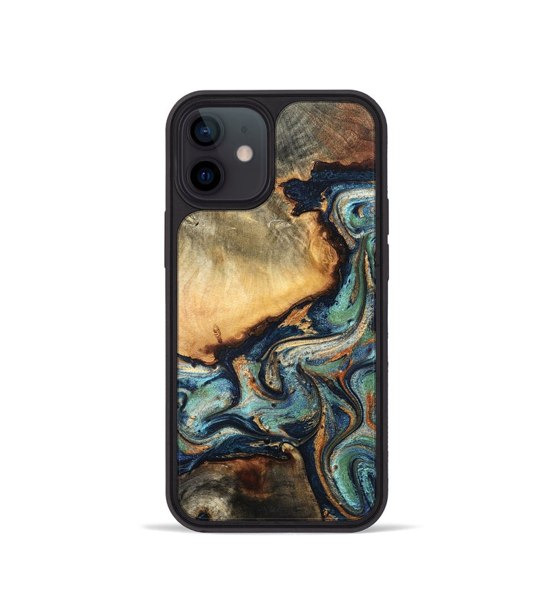 iPhone 12 mini Wood Phone Case - June (Teal & Gold, 832148)
