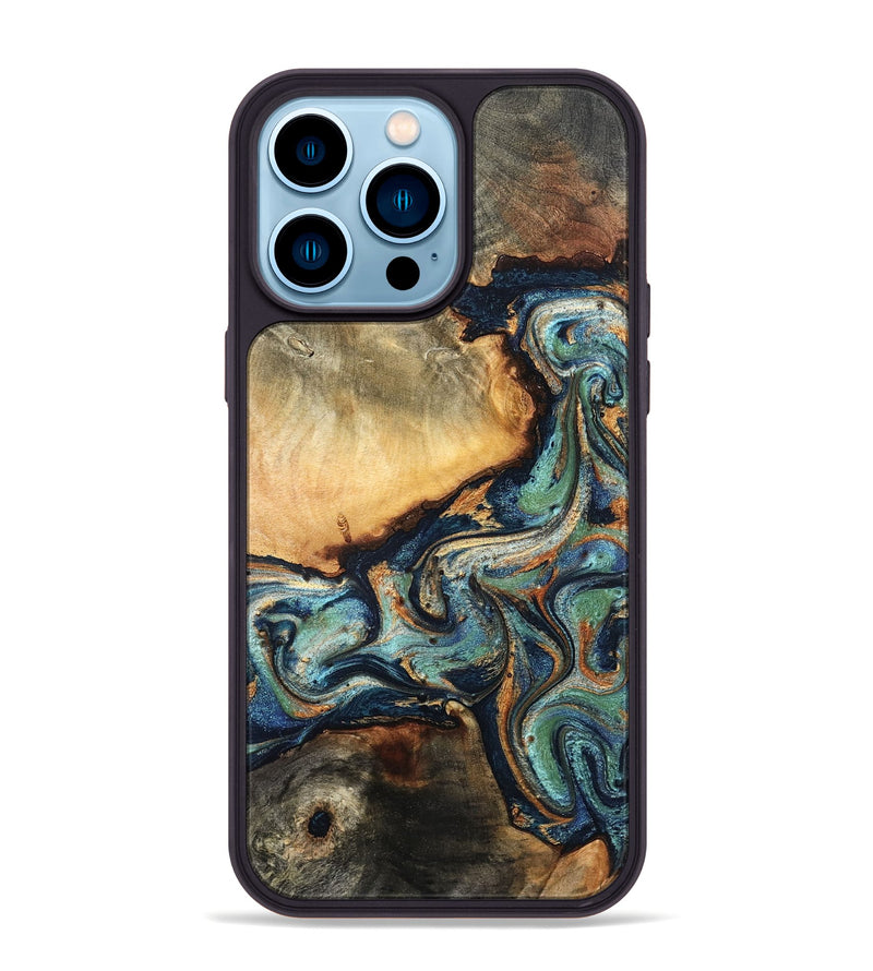 iPhone 14 Pro Max Wood Phone Case - June (Teal & Gold, 832148)