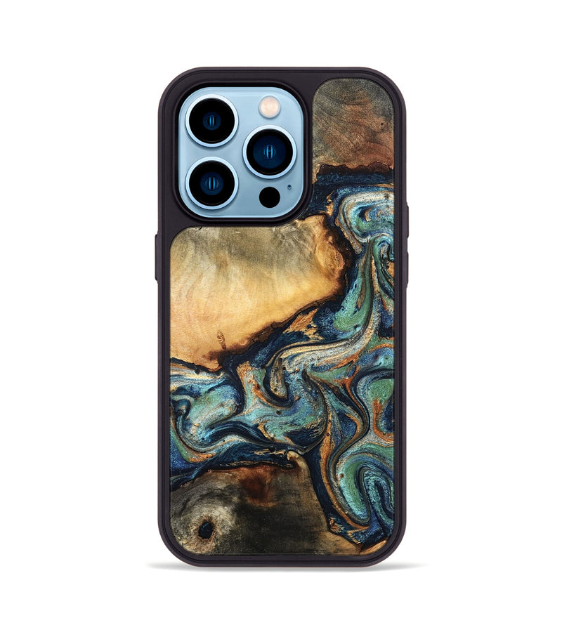 iPhone 14 Pro Wood Phone Case - June (Teal & Gold, 832148)