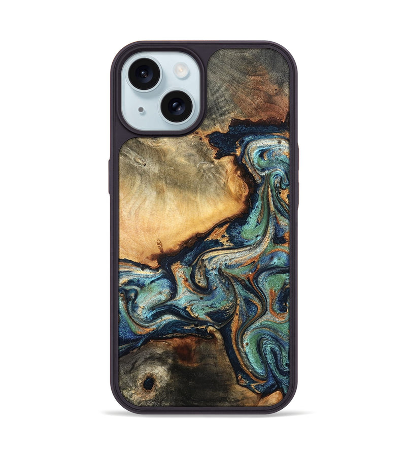 iPhone 15 Wood Phone Case - June (Teal & Gold, 832148)