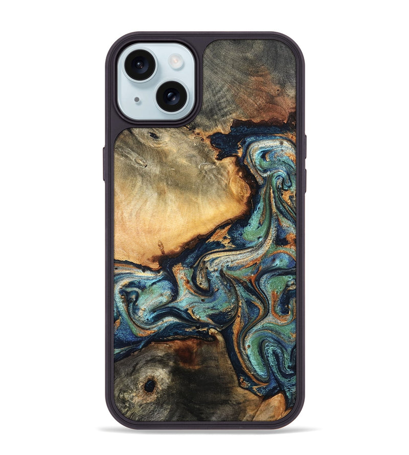 iPhone 15 Plus Wood Phone Case - June (Teal & Gold, 832148)