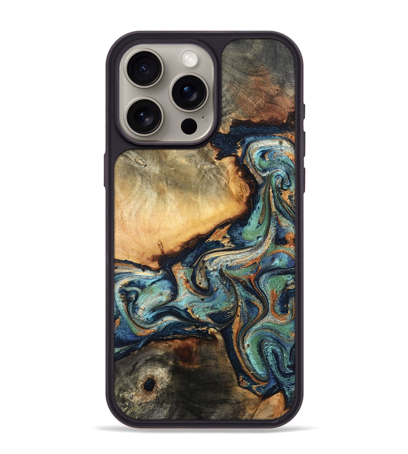 iPhone 15 Pro Max Wood Phone Case - June (Teal & Gold, 832148)