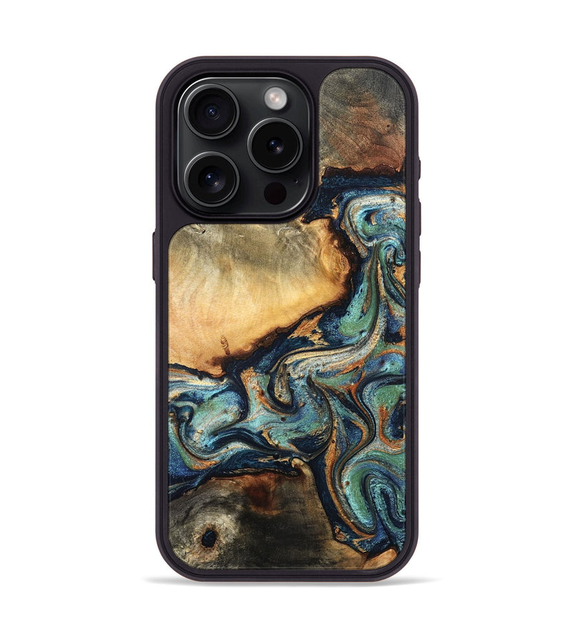 iPhone 15 Pro Wood Phone Case - June (Teal & Gold, 832148)