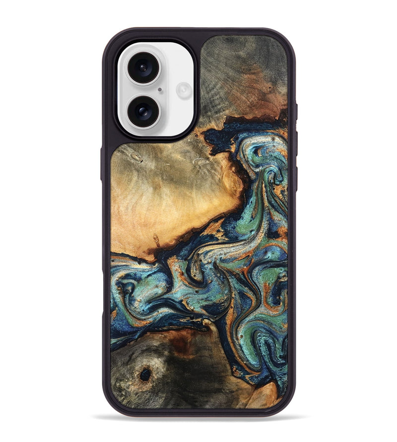 iPhone 16 Plus Wood Phone Case - June (Teal & Gold, 832148)