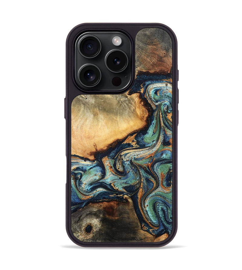 iPhone 16 Pro Wood Phone Case - June (Teal & Gold, 832148)