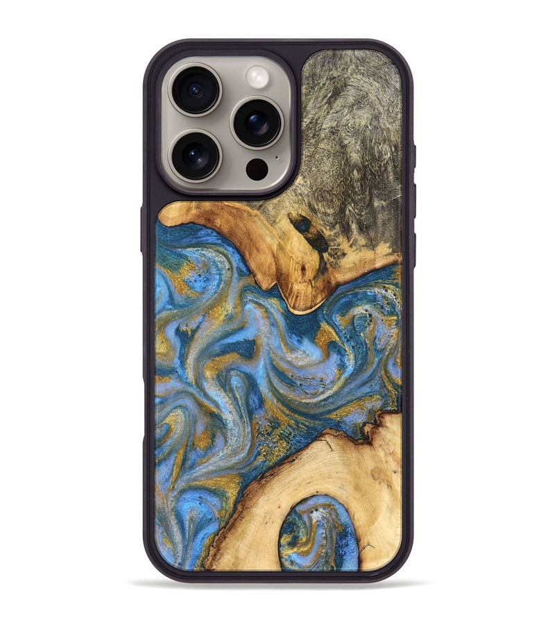 iPhone 16 Pro Max Wood Phone Case - Mikael (Teal & Gold, 832149)
