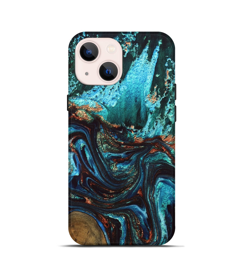 iPhone 13 mini Wood Live Edge Phone Case - Guy (Teal & Gold, 832173)