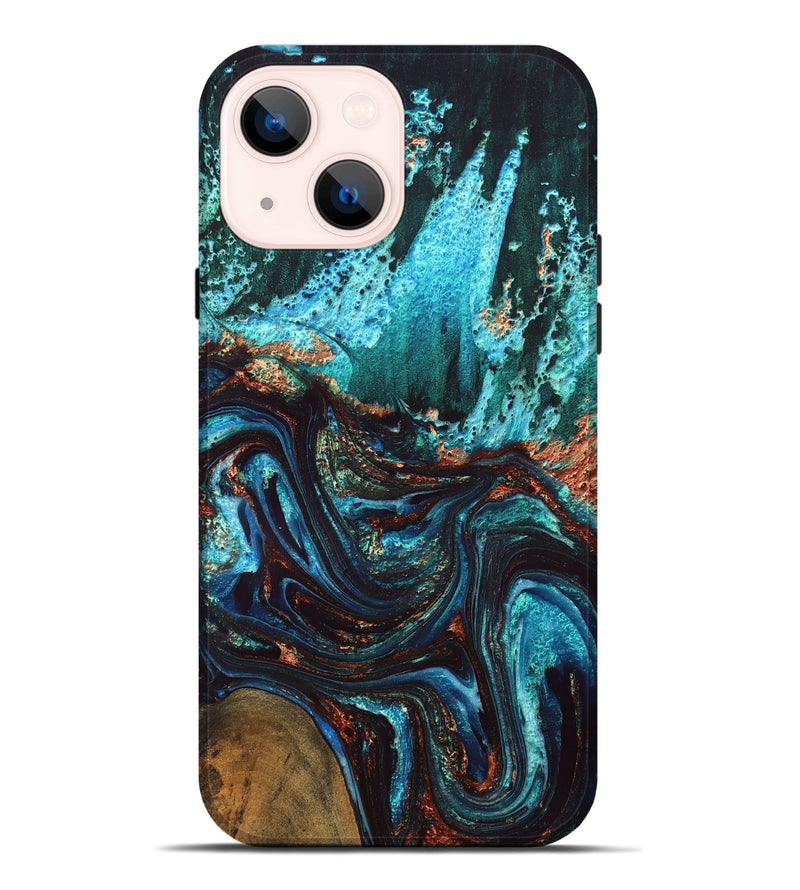 iPhone 14 Plus Wood Live Edge Phone Case - Guy (Teal & Gold, 832173)